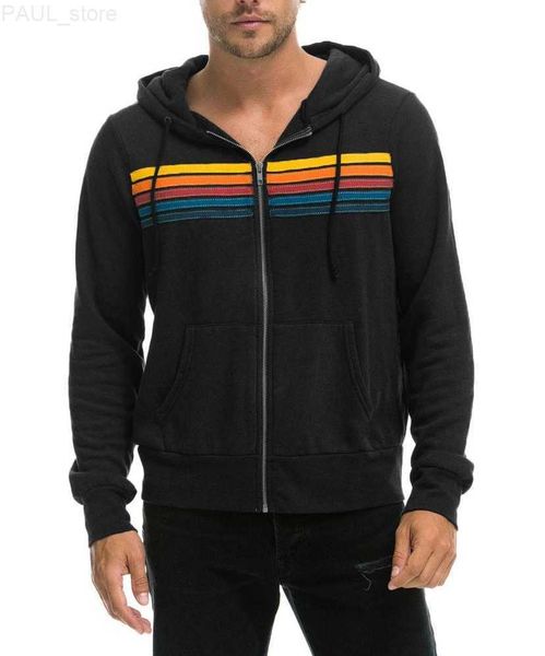 

men's hoodies sweatshirts rainbow stripe long sleeve sweatshirt zipper pocket coat spring autumn casual fashion jacket l230727, Black