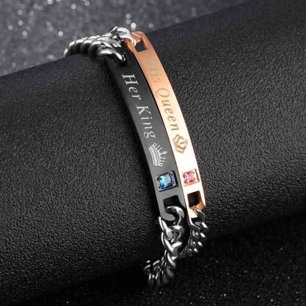 

2pc set romantic his queen her king couple bracelets stainless steel matching wristband lovers bracelet crown charm link chain286l, Black
