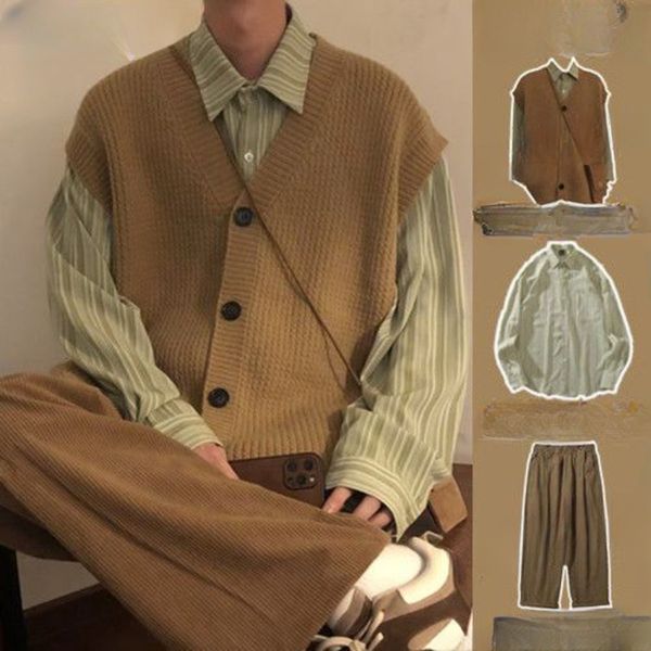 

men's tracksuits fashion sleeveless cardigan knitted sweater shirt pants suit male female student couple vest loose jacket trousers clo, Gray