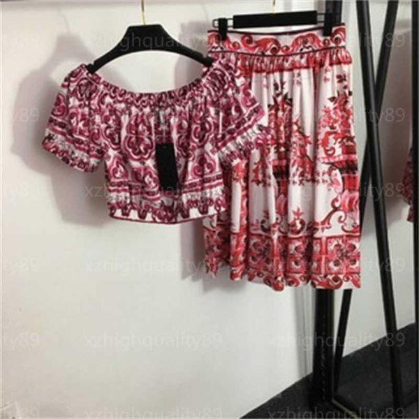 

skirt two piece set women casual suit vintage red printed tshirt one neck short sleeve high-waisted pleated half dress fashion designer clo, White