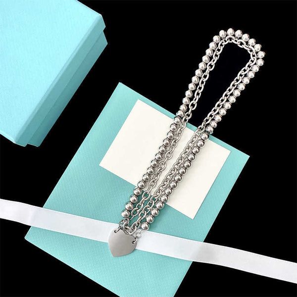 

high-quality newly launched trendy punk style tiffay bead thick chain hanging heart double loop stacked titanium steel non fading necklace, Golden;silver