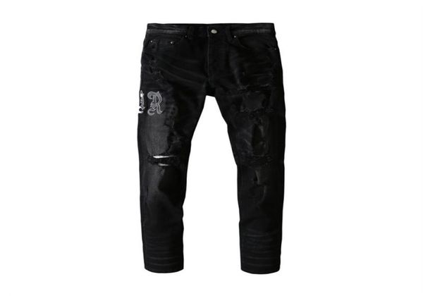 

mens jeans black letters pasted with leather holes damaged thin in europe and america8026165, Blue