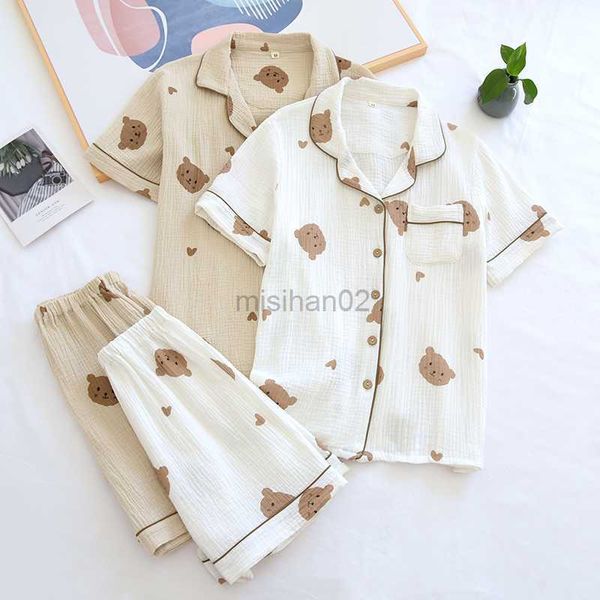 

women's sleep lounge summer couple pure cotton bear love cute pajamas set sleepwear female short-sleeved pijama suit loungewear crepe l