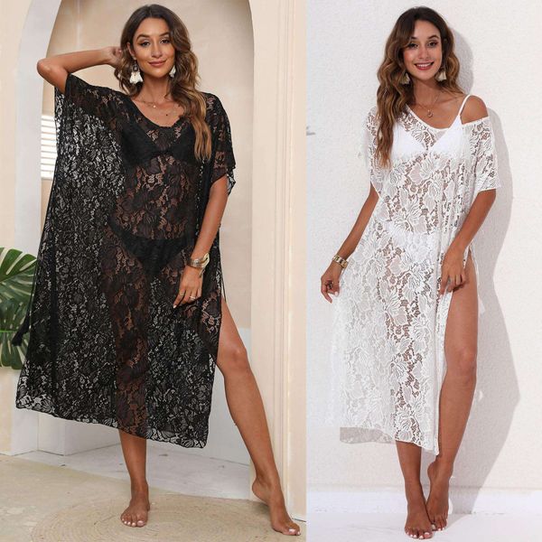 

beach bikini blouse holiday womens dress irregular lace see through, Black;gray