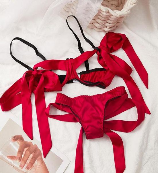 

classic red bra set lingerie push up brassiere satin bow underwear bandage panties for women bras sets3554062, Red;black