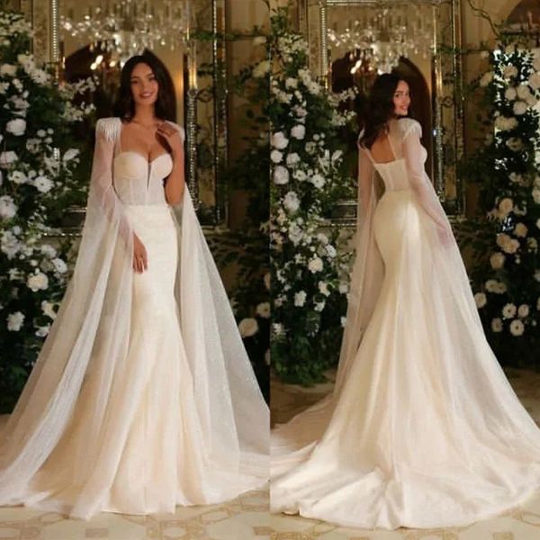 

luxury mermaid wedding dresses sweetheart long sleeves tulle bridal gowns custom made backless sweep train robe de mariee, White