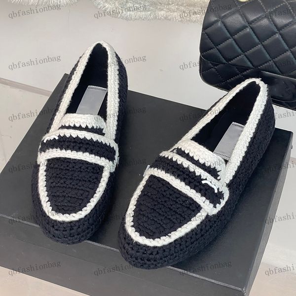 

designer womens dress shoes half slipper round head fine knitting hardware metal buckle double color flats loafers ballet shoes vintage mule, Black