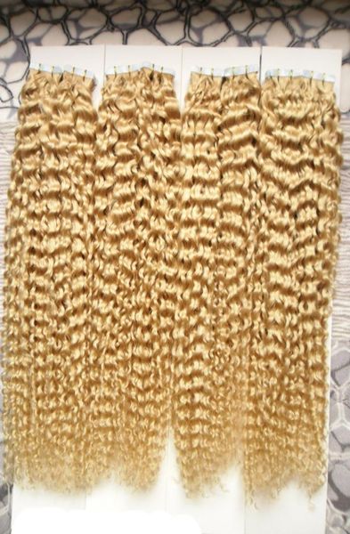 

613 bleach blonde tape in human hair extensions 10quot26quot 400g 160pcs kinky curly european skin weft human hair extension9453304, Black