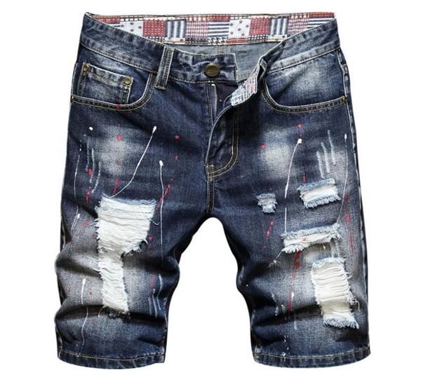 

men039s jeans painted holes ripped denim shorts summer blue slim straight knee length breeches5666158