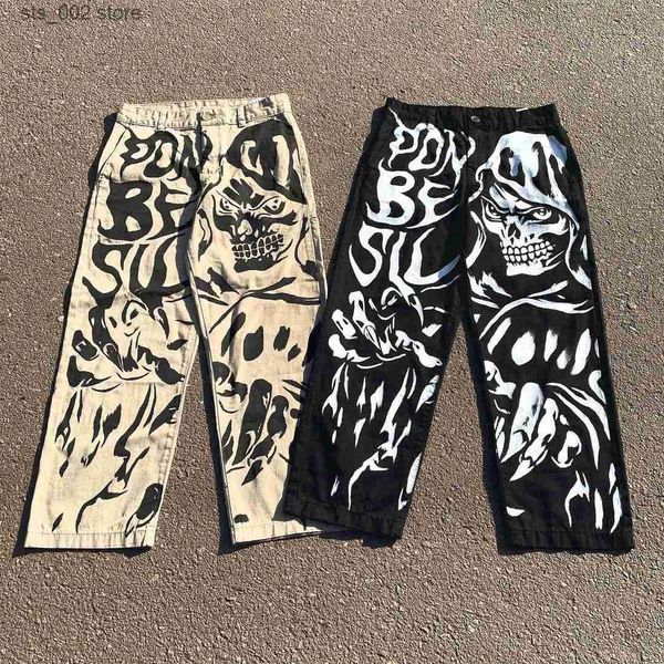 

men's jeans gothic style skull personality big print jeans men's street harajuku hip-hop trend straight pants loose casual pants f, Blue