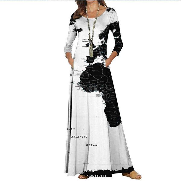 

summer item map womens digital print long sleeve dress, Black;gray