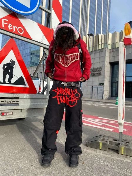 

mens pants y2k retro street trend cargo pant fashion minus two black pants haruku hip hop print loose overalls joggers men c6, White;black