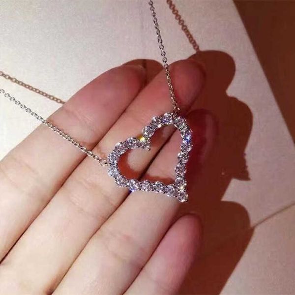 

high-quality tiffayiffay same full diamond heart necklace s925 sterling silver hollow love pendant simple and generous non allergic collar c, Golden;silver