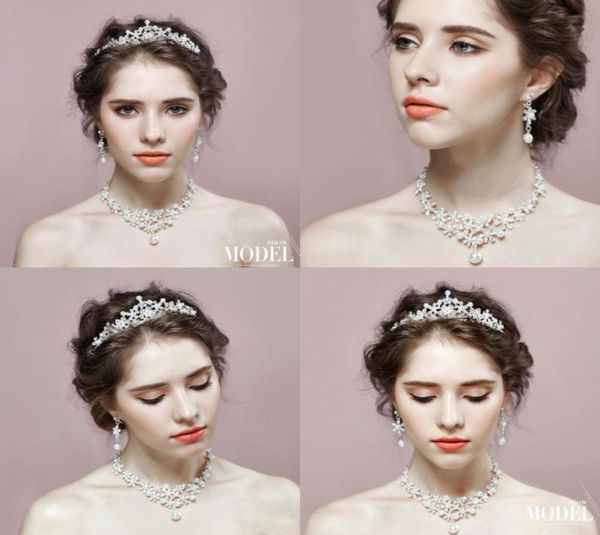 

shiny pearl beaded bridal accessories crystal crownnecklaceearrings three piece set fashion bridal jewelrys bridal accesso5205639, White