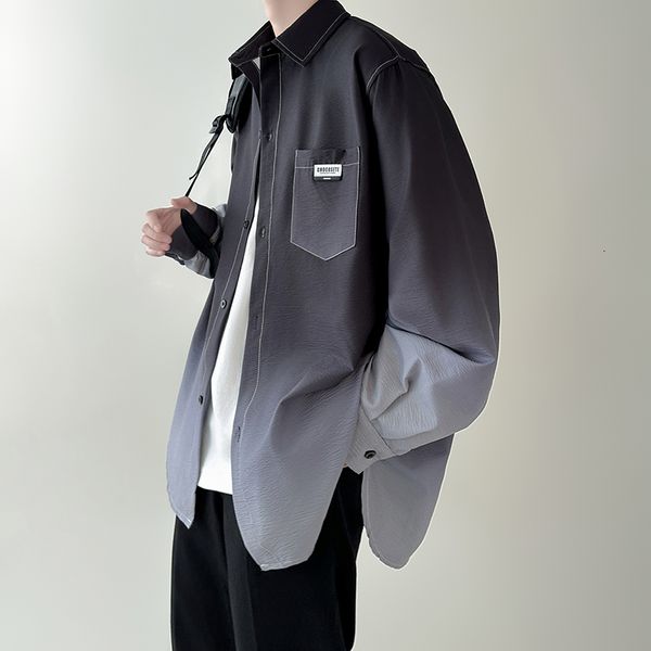 

mens casual shirts gradient plicated long sleeve autumn korean shirt fashion oversize coat clothing 230726, White;black