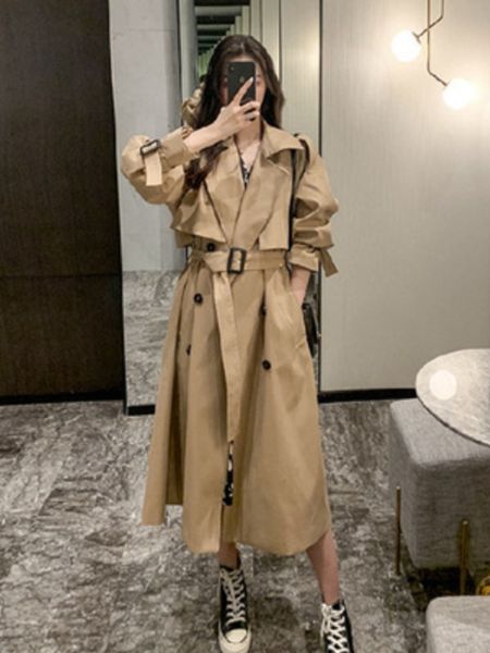

women's trench coats winter clothes women solid lapels double row buttons long windbreaker women work jacket trench coat for women ove, Tan;black