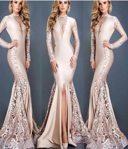

dubai arabic slits evening dresses nude champagne 2019 mermaid long sleeves o neck sweep train formal occasion prom wear8853134, Black;red