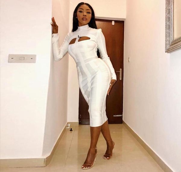 

women white bandage dress bodycon 2021 cut out high neck long sleeve party rayon midi dresses5126302, Black;gray