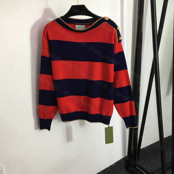

23ss womens designer clothing women sweater lion head and shoulder buckle contrasting color stripes long-sleeved pullover sweater line colla, White;black