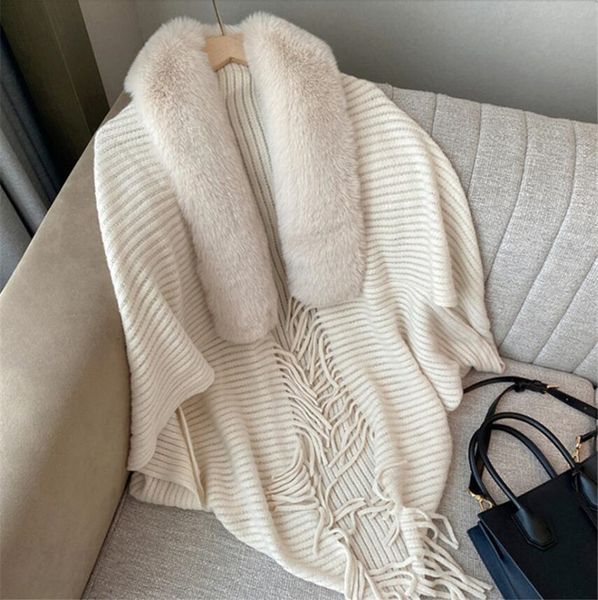 

women's knits tees 2023 autumn women winter knitted shawl with faux fur collar tassel female elegant poncho long warm wraps cloak cape, White