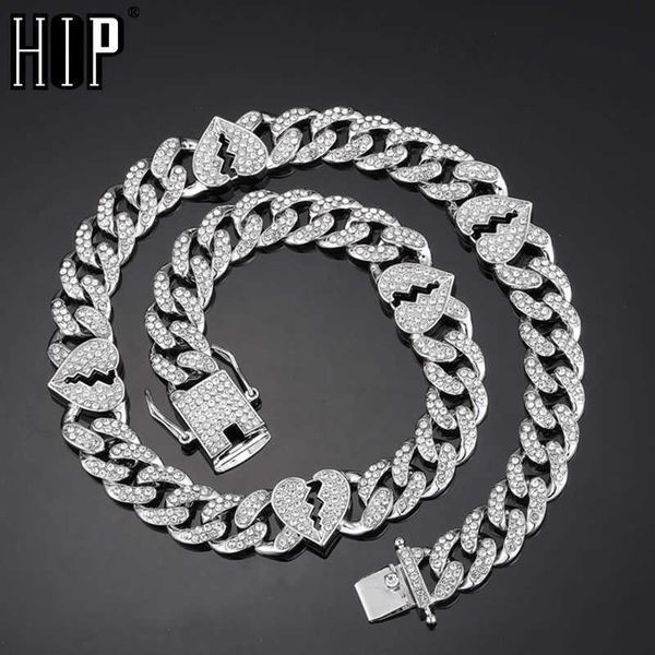 

hip hop 13mm iced out bling cuban link chain with broken heart rapper necklace bracelet for men women jewelry rhinestone choker, Silver