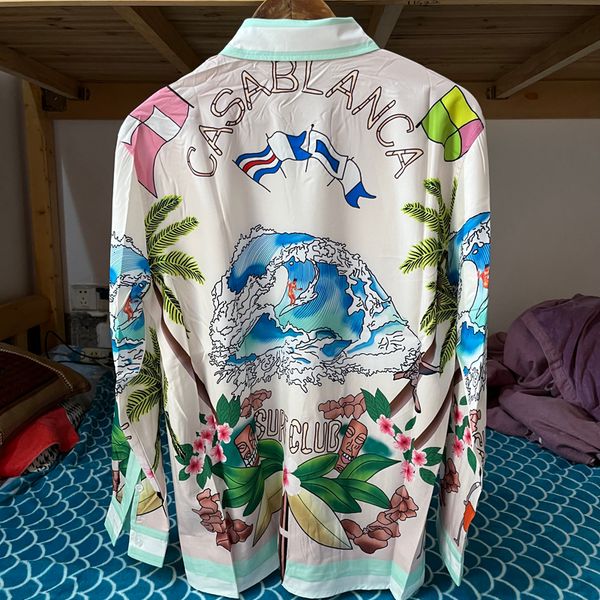 

mens casual shirts real pos casablanca surfing coconut tree print long sleeves pink holiday hawaiian shirt for men women 230726, White;black