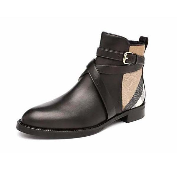 

designer boots women's luxury boots flat heel brown leather luxury brand ankle boots buckle size 35-41, Black