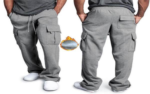 

2019 multi pocket winter pants men white cargo pants fleece hip hop grey sweatpants male causal tactical pants homme trousers cj196364156, Black