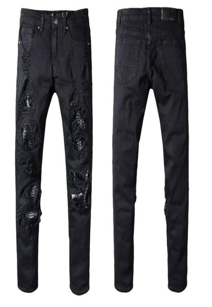 

new italy style 554 men039s distressed destroyed pants snake skin patches black skinny biker jeans slim trousers size 29409378719, Blue