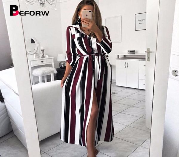 

beforw 2019 office lady turndown collar button lace up long shirt dress women autumn spring long sleeve stripe maxi dresses q19042074358, Black;pink