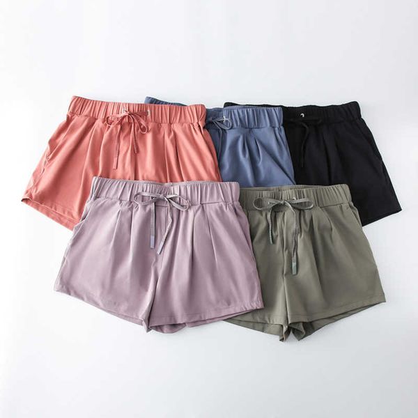 

yoga lulu loose fit drawstringsport shorts with side pockets gym wear women fitness running shorts stretch workout pants lemon