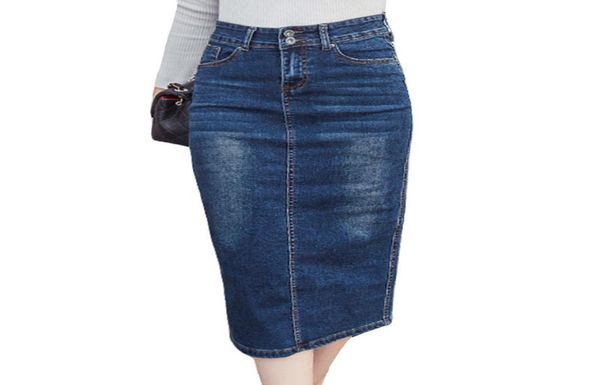 

2018 long denim skirt vintage button high waist pencil black blue slim women skirts plus size ladies office jeans faldas j1906818314