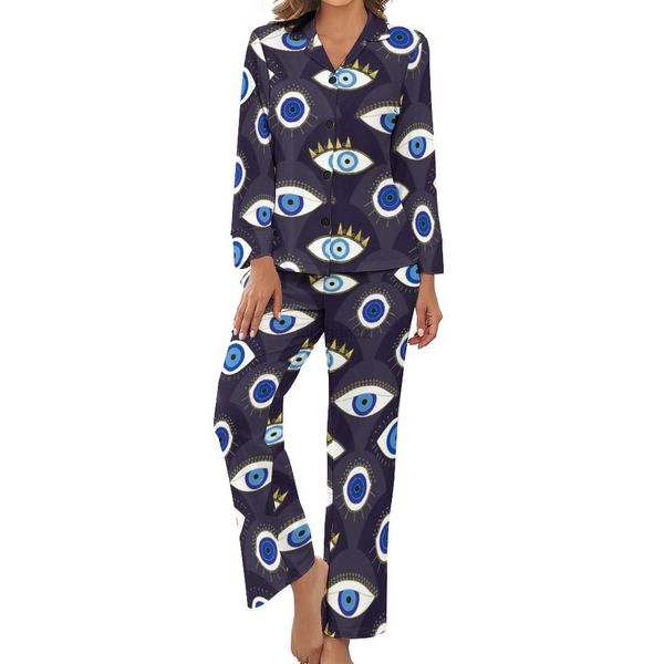 

women's sleep lounge evil eye print pajamas long sleeve protect me two piece casual pajama sets spring womens v neck kawaii sleepwear h
