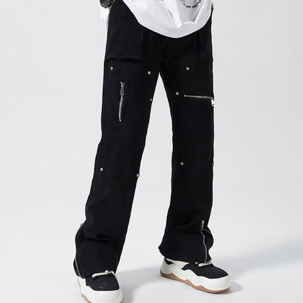

black cargo straight leg pants men's 2023 new high street slim fitting overall casual washed split zipper trousers white