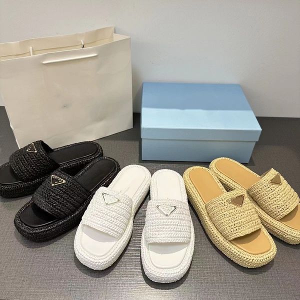 

women ladies platform slippers raffia straw sandal made in italy triangle buckle mules thick bottom chunky heels slides beige black white sl