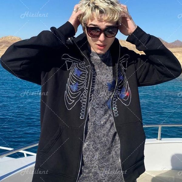 

grunge long sleeve super dalian hoodie jacket y2k menclothing zip hoodie rhinestone skull gothic casual sweatshirt mensweatcoat pullover, Black