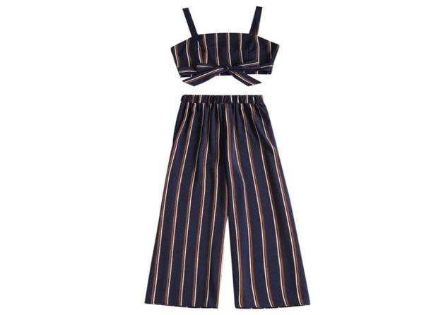 

zaful striped summer women sets spaghetti straps square neck sleeveless bow crop elastic high waist loose pants twp pieces7011129, White