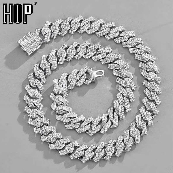 

15mm rhombus prong cuban link chain 2row iced out rhinestones rapper necklaces bracelet for men women choker jewelry, Silver