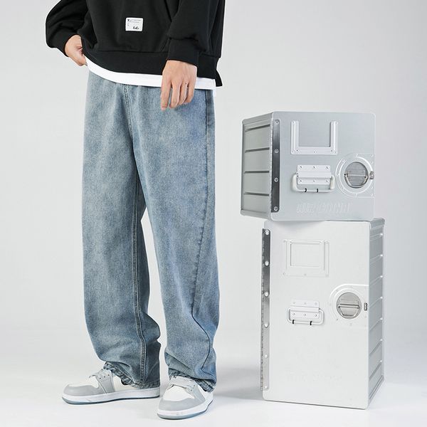 

mens jeans simple solid color jeans men's washable loose fitting straight pants, Blue