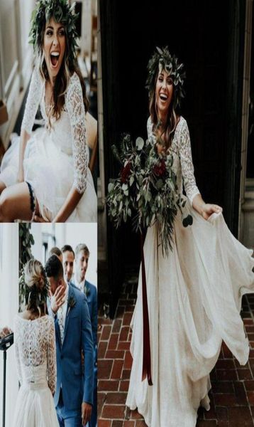 

long sleeve boho wedding dress two pieces a line v neck bohemian beach country garden bridal gown custom made plus size8947633, White