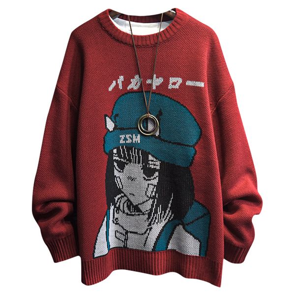 

men's sweaters harajuku cartoon girl sweater baggy japanese knitwear round neck loose casual autumn winter knitted pullover 230726, White;black