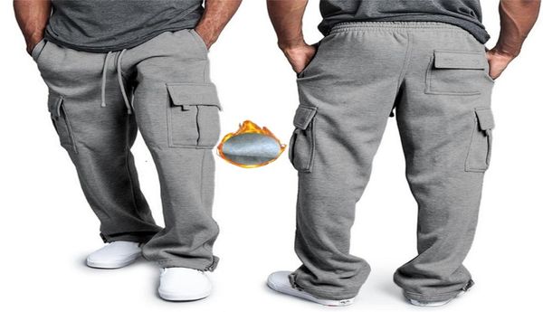 

2019 multi pocket winter pants men white cargo pants fleece hip hop grey sweatpants male causal tactical pants homme trousers cj198549995, Black