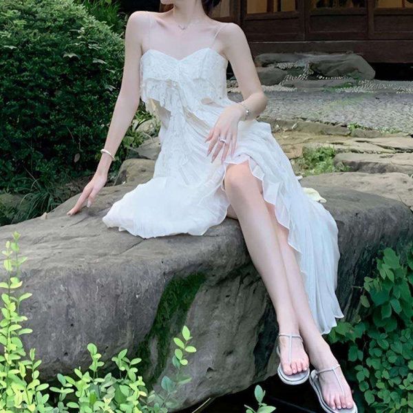 

dress for women summer white lace strap elegant waist long pleated fairy, Black;gray