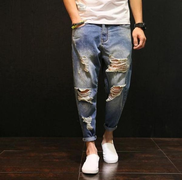 

knee hole ripped jeans men summer hip hop streetwear baggy distressed men039s jeans big sizes denim pants male trousers clothes4707299, Blue