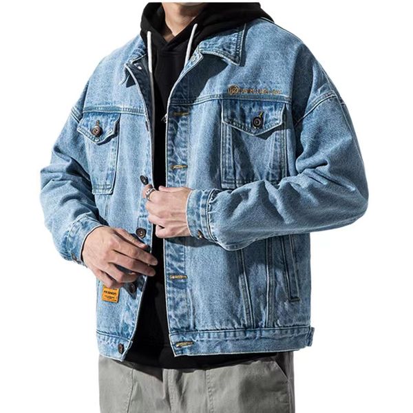 

men denim jackets fit casual loose jean jacket button coat, Black;brown