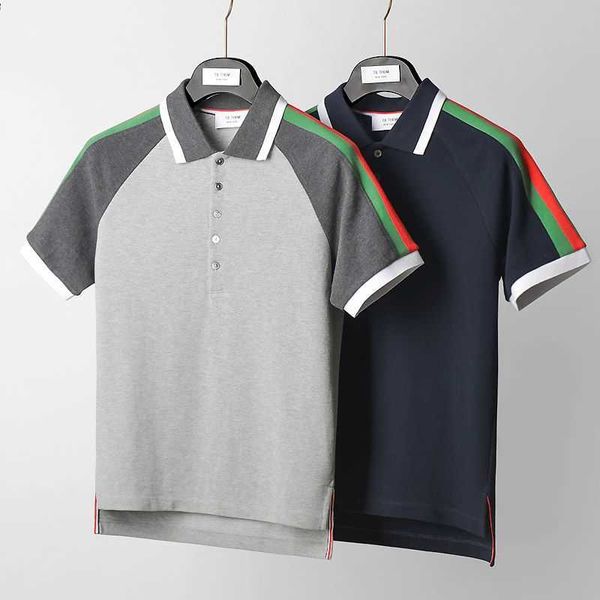 

side striped ribbon bonzero casual pure cotton polo shirt trend short sleeved paul lapel t-shirt, Black;brown