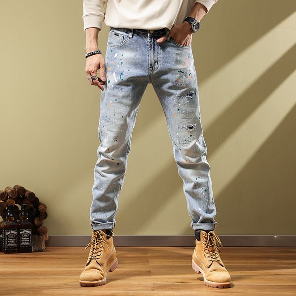 

mens designer jeans high elastics distressed ripped slim fit motorcycle biker denim for men s fashion black pants patchwork pants #06, Blue