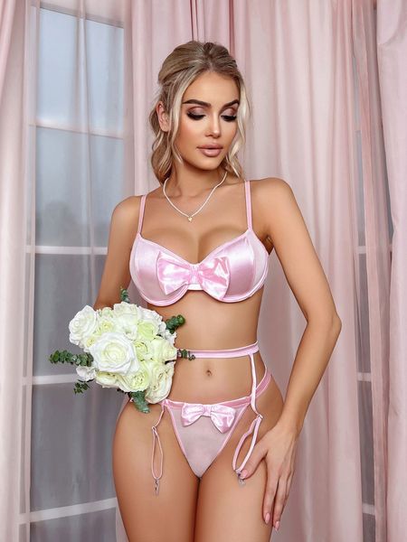 

bras sets underwear bow hollow pure desire girl powder seduction set, Red;black