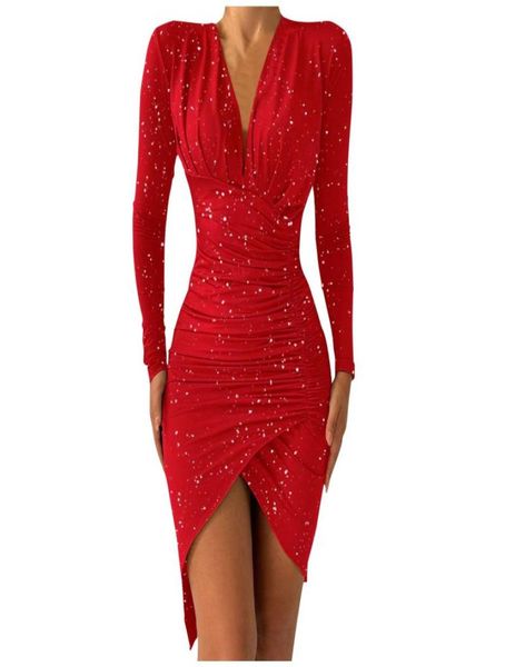 

casual dresses women dress deep vneck sheath long sleeves irregularhem slim dinner party banquet9849394, Black;gray