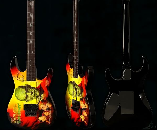 

custom kirk hammett ltd kh-3 karloff mummy monster movies collection 7v electric guitar reverse headstock, copy emg pickups, floyd rose trem